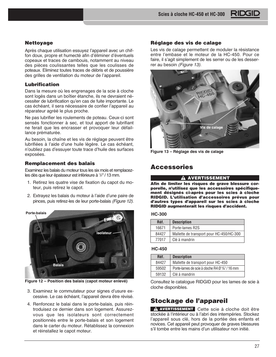 Accessories, Stockage de l’appareil | RIDGID HC-300 User Manual | Page 29 / 320