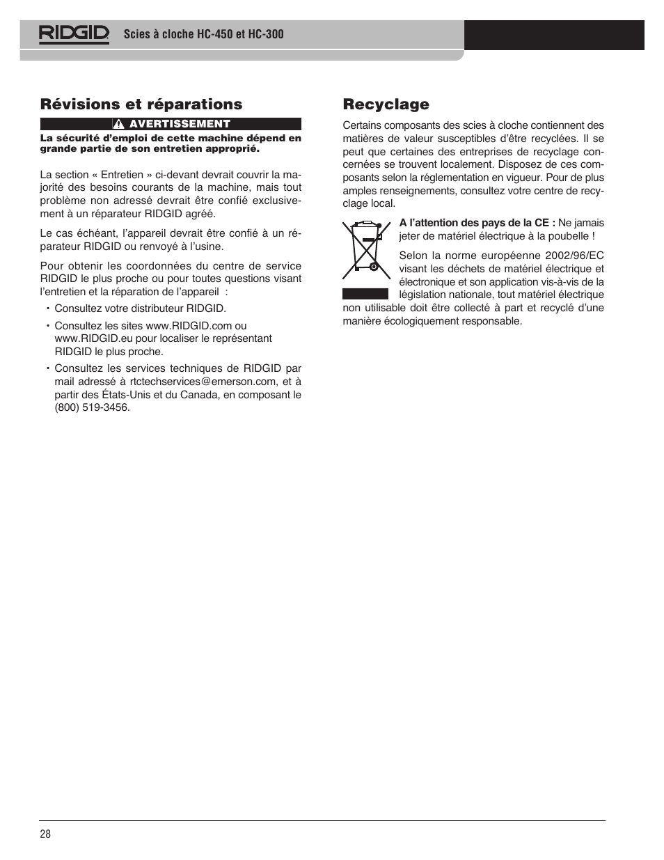 Révisions et réparations, Recyclage | RIDGID HC-300 User Manual | Page 30 / 320