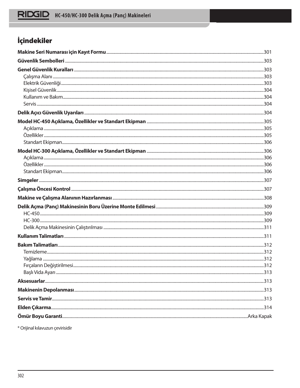 Içindekiler | RIDGID HC-300 User Manual | Page 304 / 320