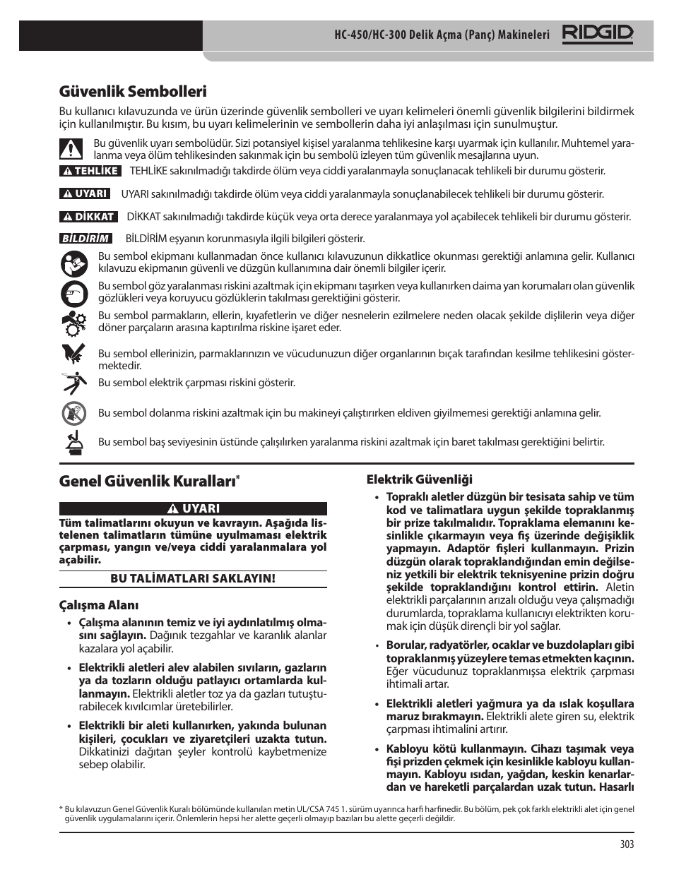 Güvenlik sembolleri, Genel güvenlik kuralları | RIDGID HC-300 User Manual | Page 305 / 320