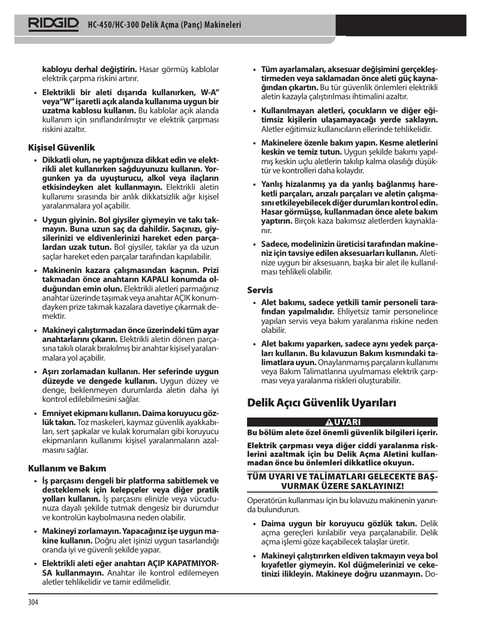 Delik açıcı güvenlik uyarıları | RIDGID HC-300 User Manual | Page 306 / 320