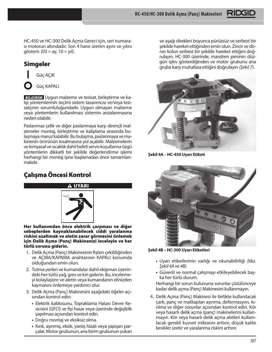 Simgeler, Çalışma öncesi kontrol | RIDGID HC-300 User Manual | Page 309 / 320