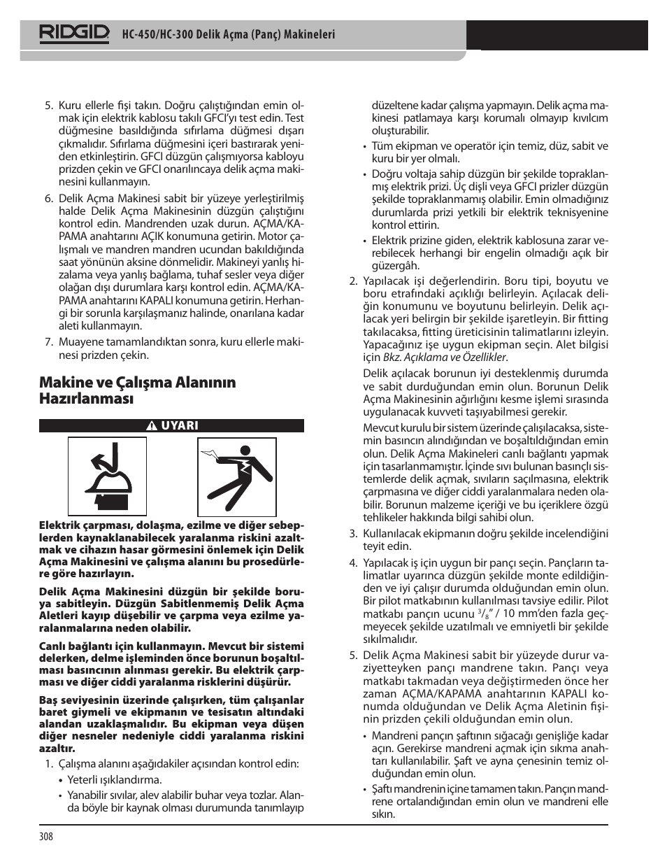 Makine ve çalışma alanının hazırlanması | RIDGID HC-300 User Manual | Page 310 / 320