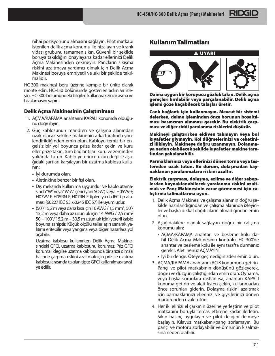 Kullanım talimatları | RIDGID HC-300 User Manual | Page 313 / 320