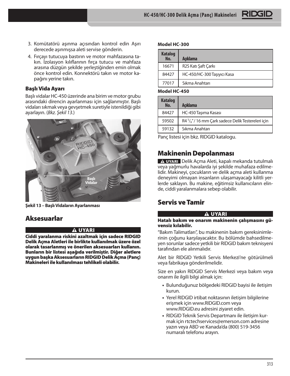 Aksesuarlar, Makinenin depolanması, Servis ve tamir | RIDGID HC-300 User Manual | Page 315 / 320