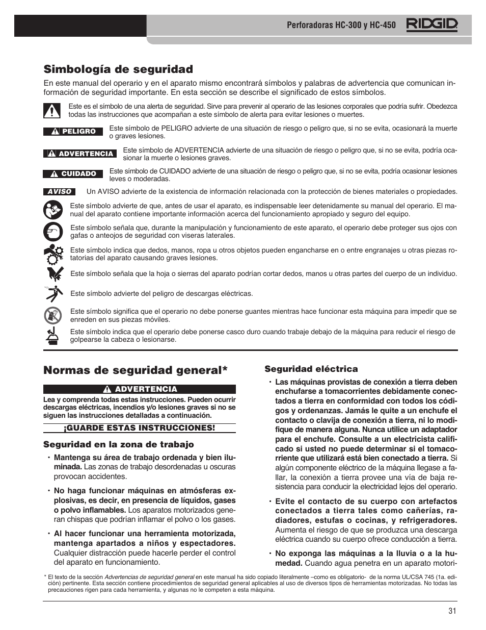 Normas de seguridad general, Simbología de seguridad | RIDGID HC-300 User Manual | Page 33 / 320