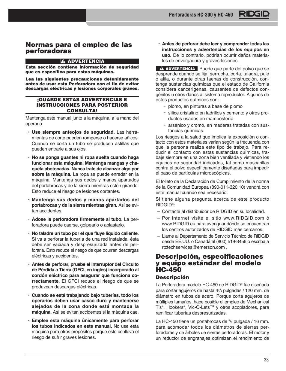 Normas para el empleo de las perforadoras | RIDGID HC-300 User Manual | Page 35 / 320