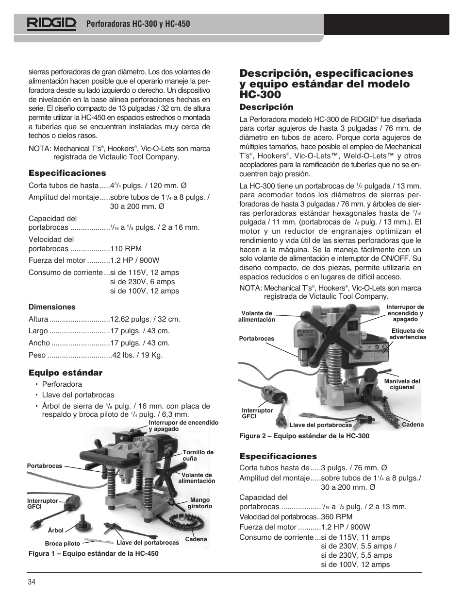 Descripción, Especificaciones, Equipo estándar | RIDGID HC-300 User Manual | Page 36 / 320