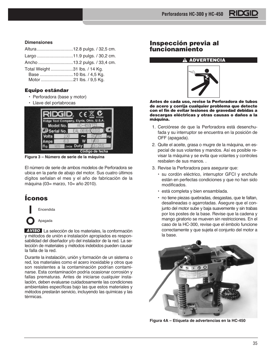 Íconos, Inspección previa al funcionamiento | RIDGID HC-300 User Manual | Page 37 / 320