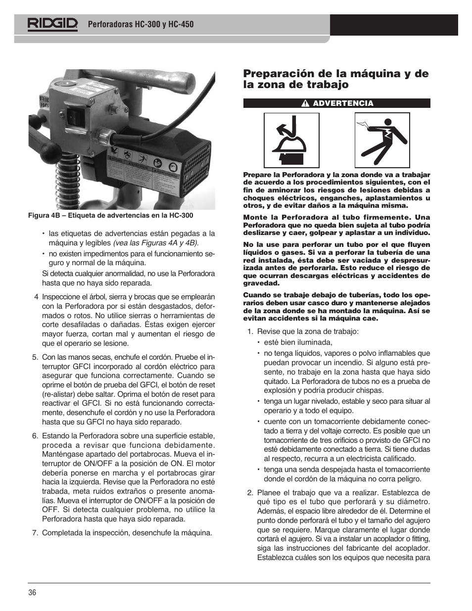 Preparación de la máquina y de la zona de trabajo | RIDGID HC-300 User Manual | Page 38 / 320