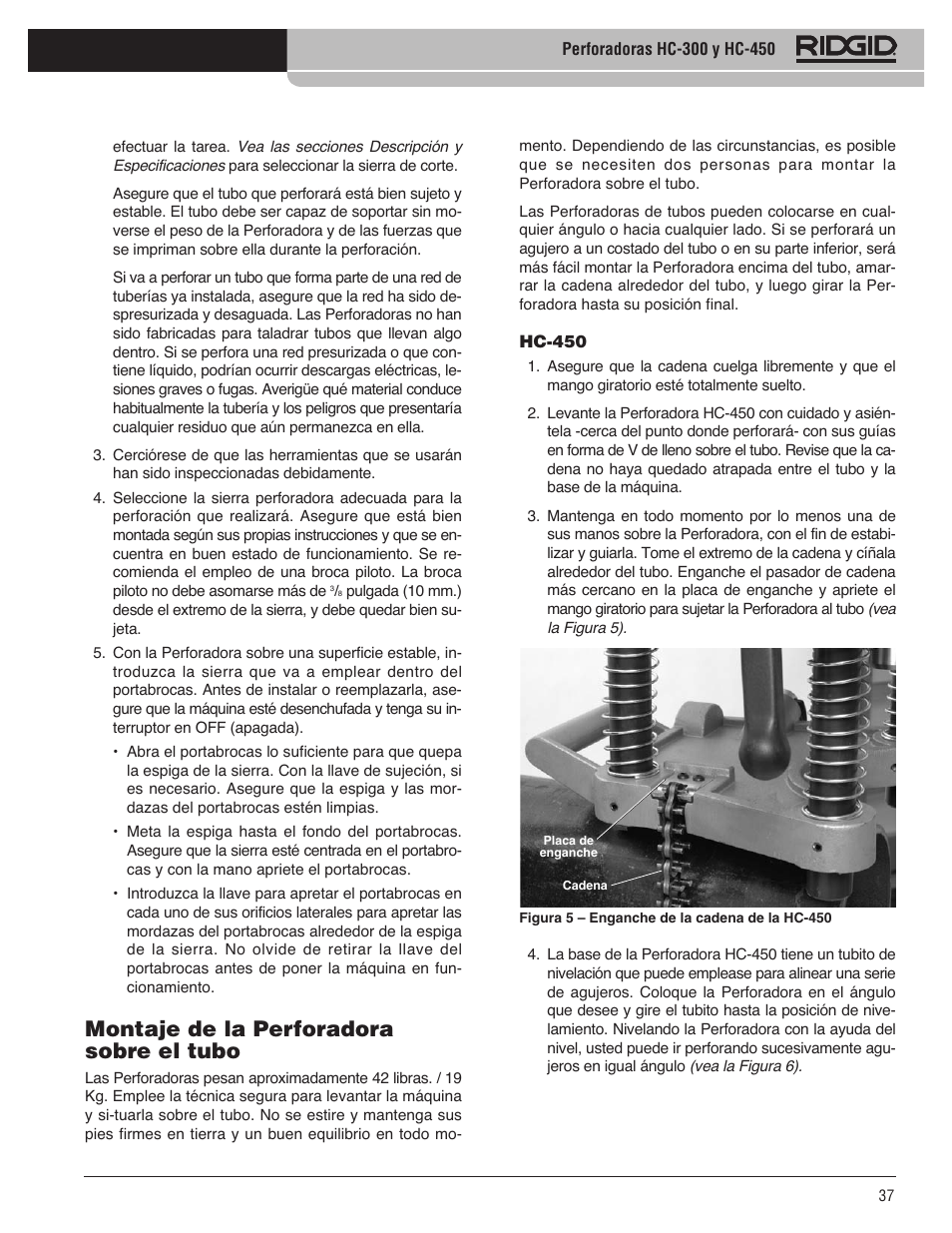 Montaje de la perforadora sobre el tubo | RIDGID HC-300 User Manual | Page 39 / 320