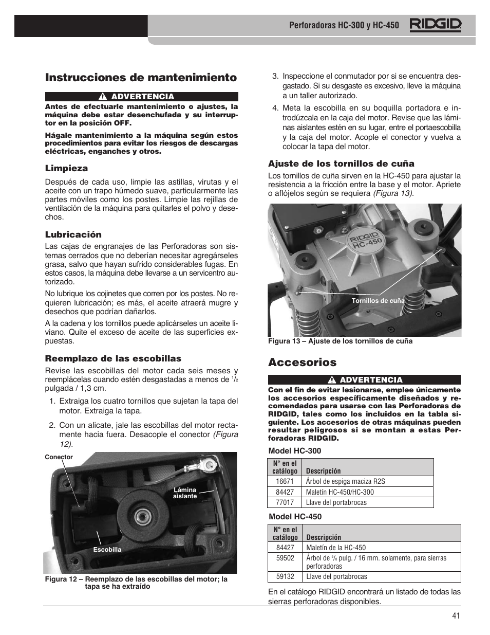 Accesorios, Instrucciones de mantenimiento | RIDGID HC-300 User Manual | Page 43 / 320