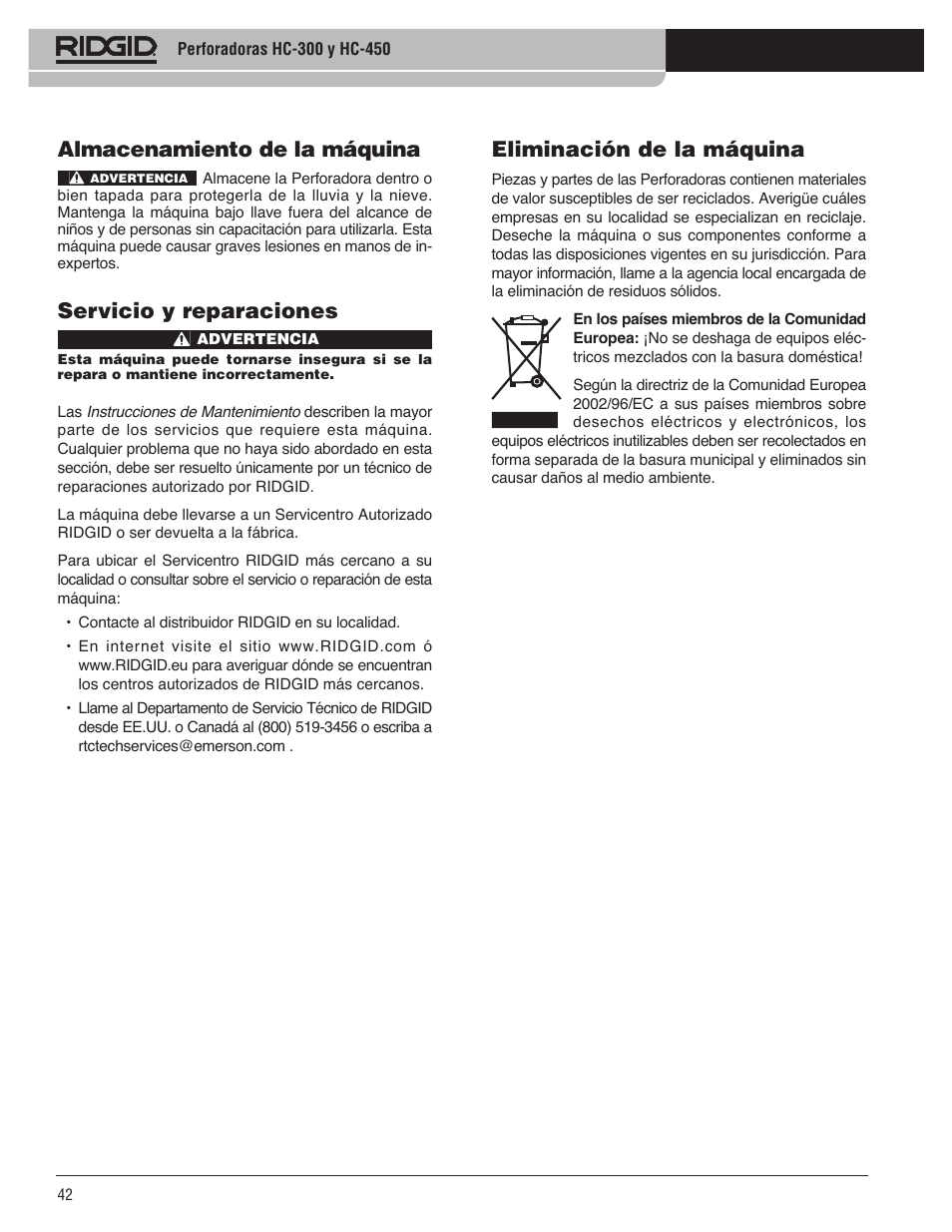 Almacenamiento de la máquina, Servicio y reparaciones, Eliminación de la máquina | RIDGID HC-300 User Manual | Page 44 / 320