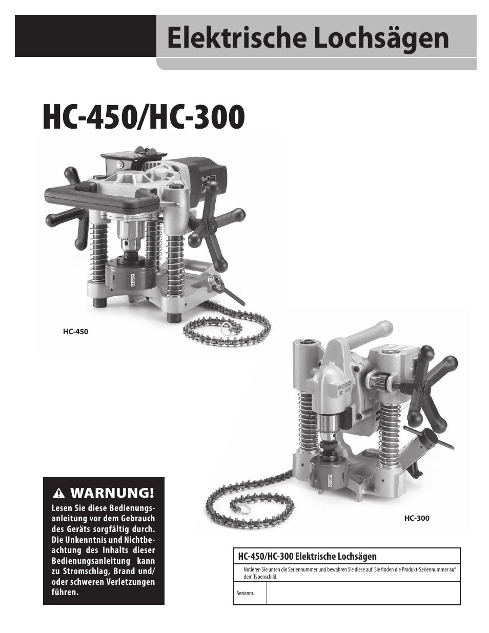 De_09141 hc-450-300 hi-res, Elektrische lochsägen | RIDGID HC-300 User Manual | Page 45 / 320