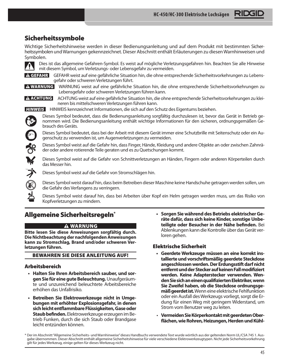 Sicherheitssymbole, Allgemeine sicherheitsregeln | RIDGID HC-300 User Manual | Page 47 / 320