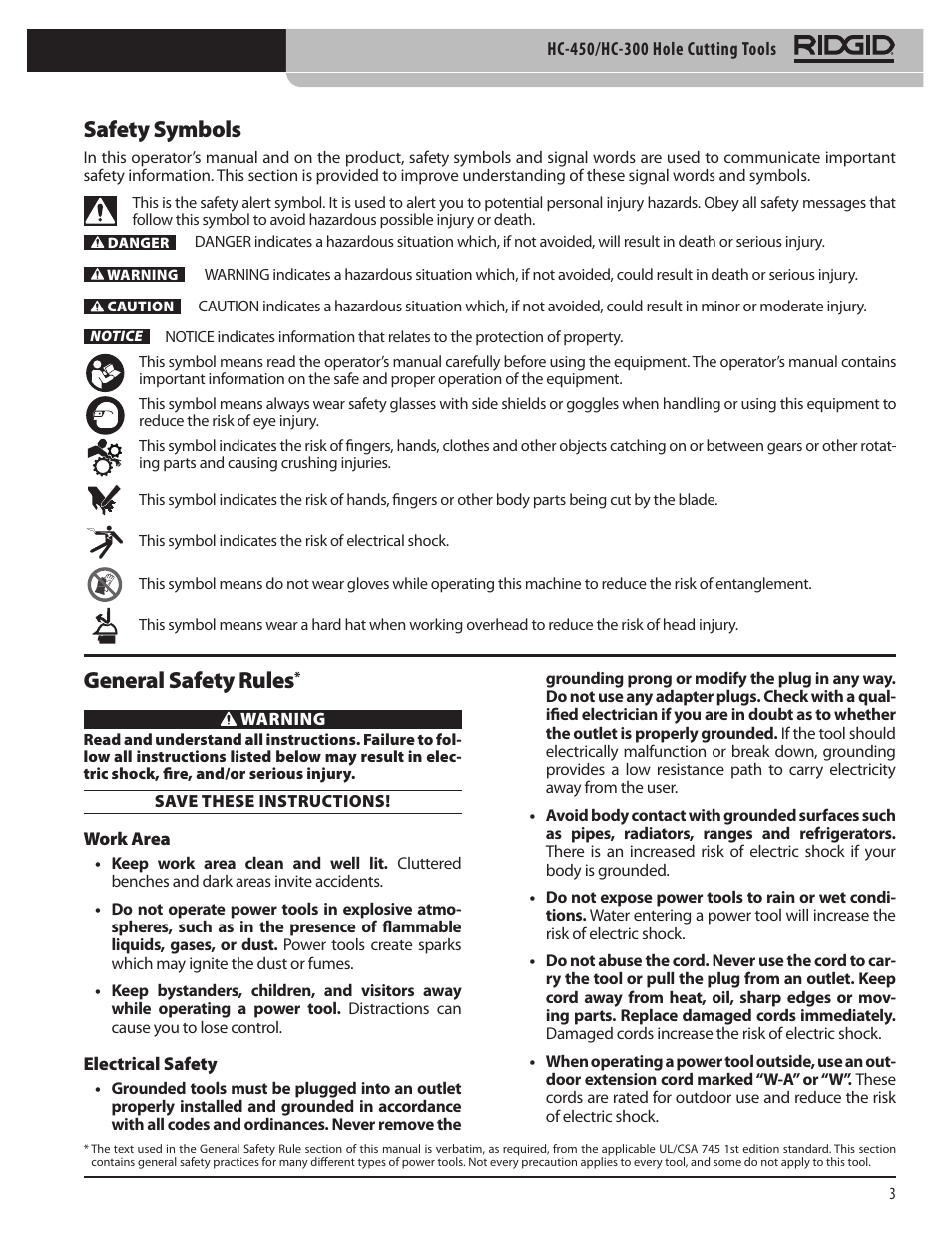 Safety symbols, General safety rules | RIDGID HC-300 User Manual | Page 5 / 320