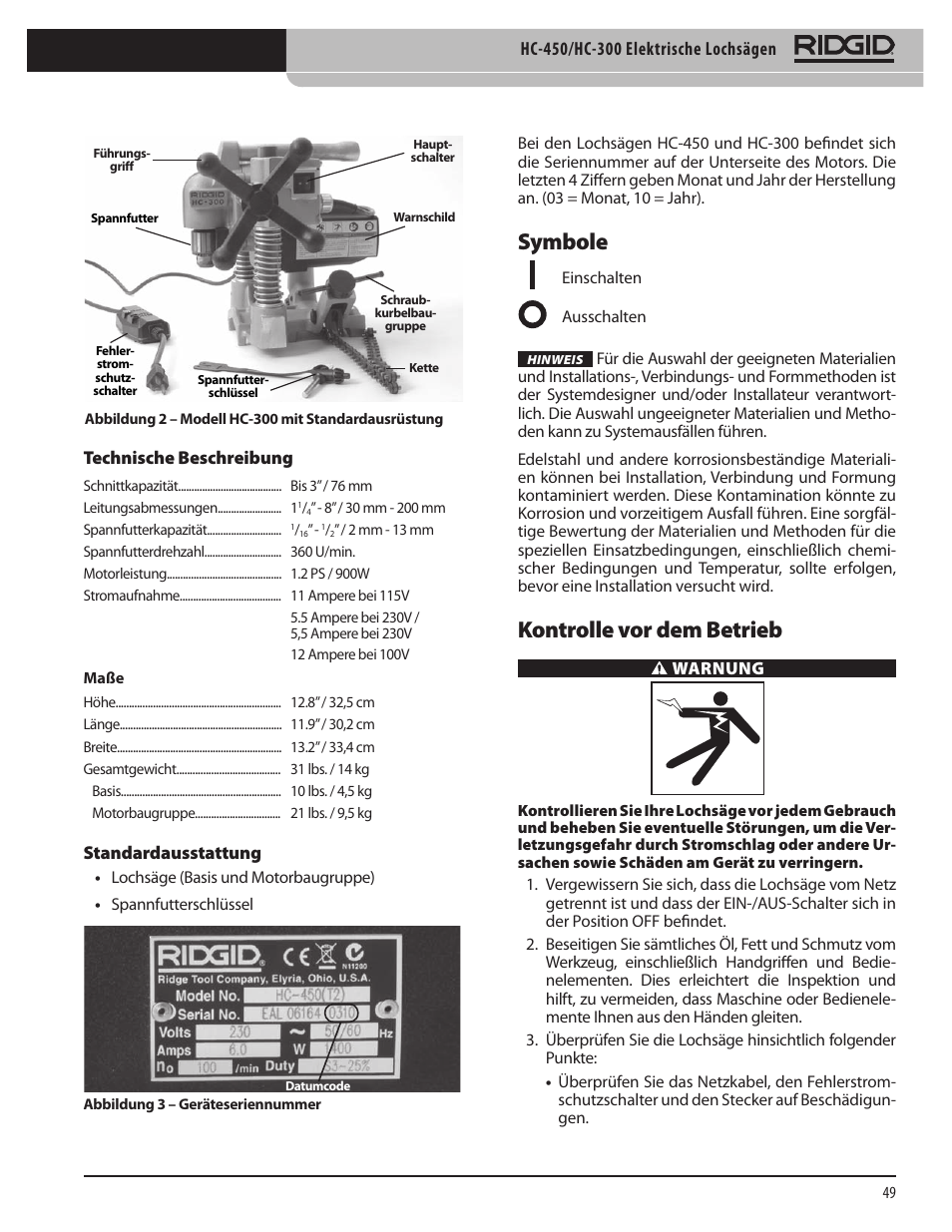 Symbole, Kontrolle vor dem betrieb | RIDGID HC-300 User Manual | Page 51 / 320