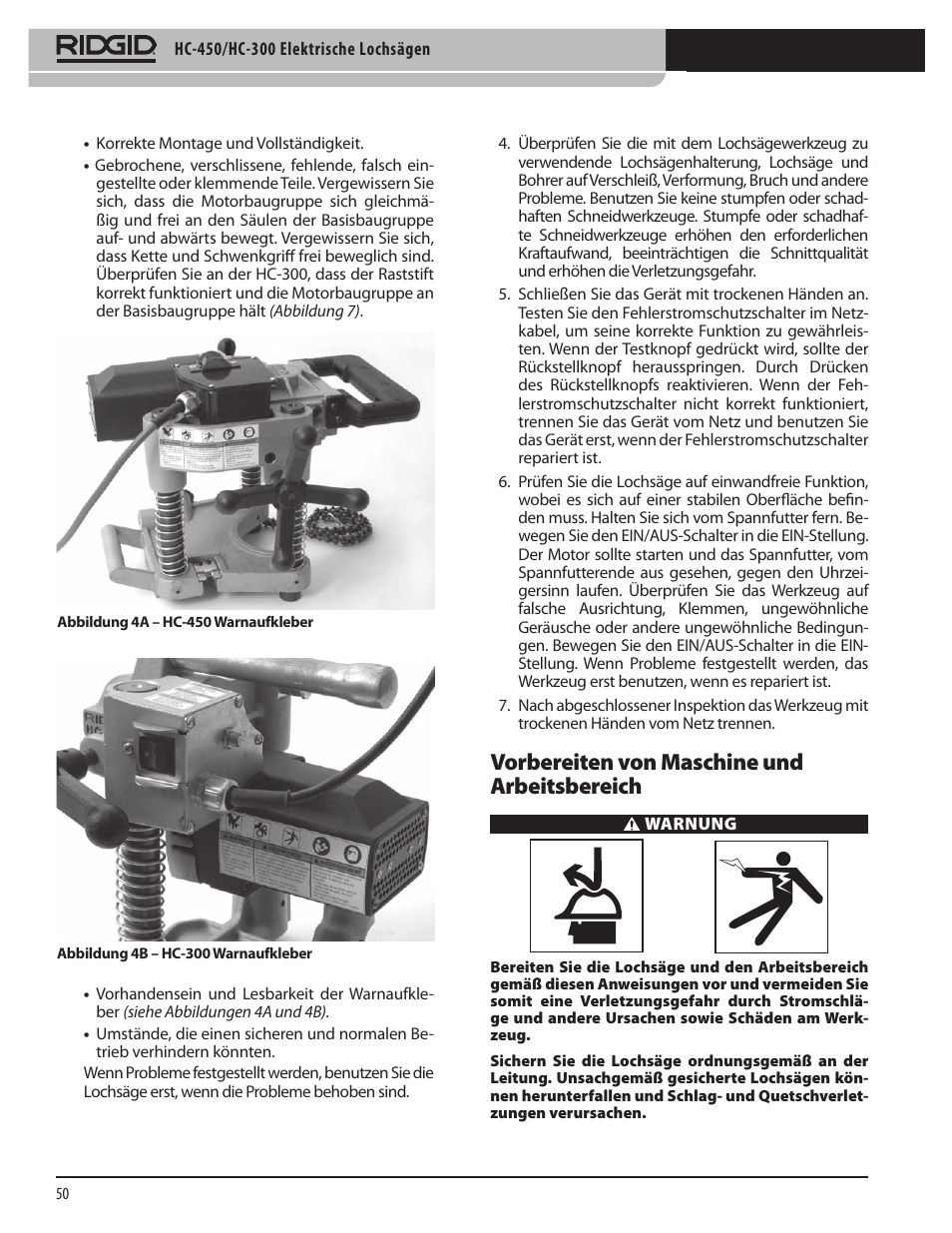 Vorbereiten von maschine und arbeitsbereich | RIDGID HC-300 User Manual | Page 52 / 320