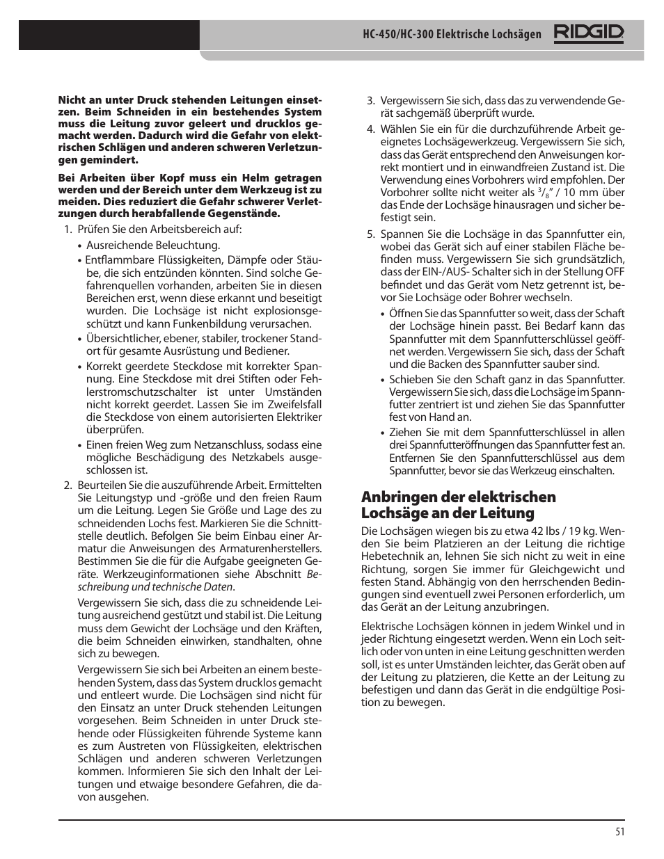 Anbringen der elektrischen lochsäge an der leitung | RIDGID HC-300 User Manual | Page 53 / 320