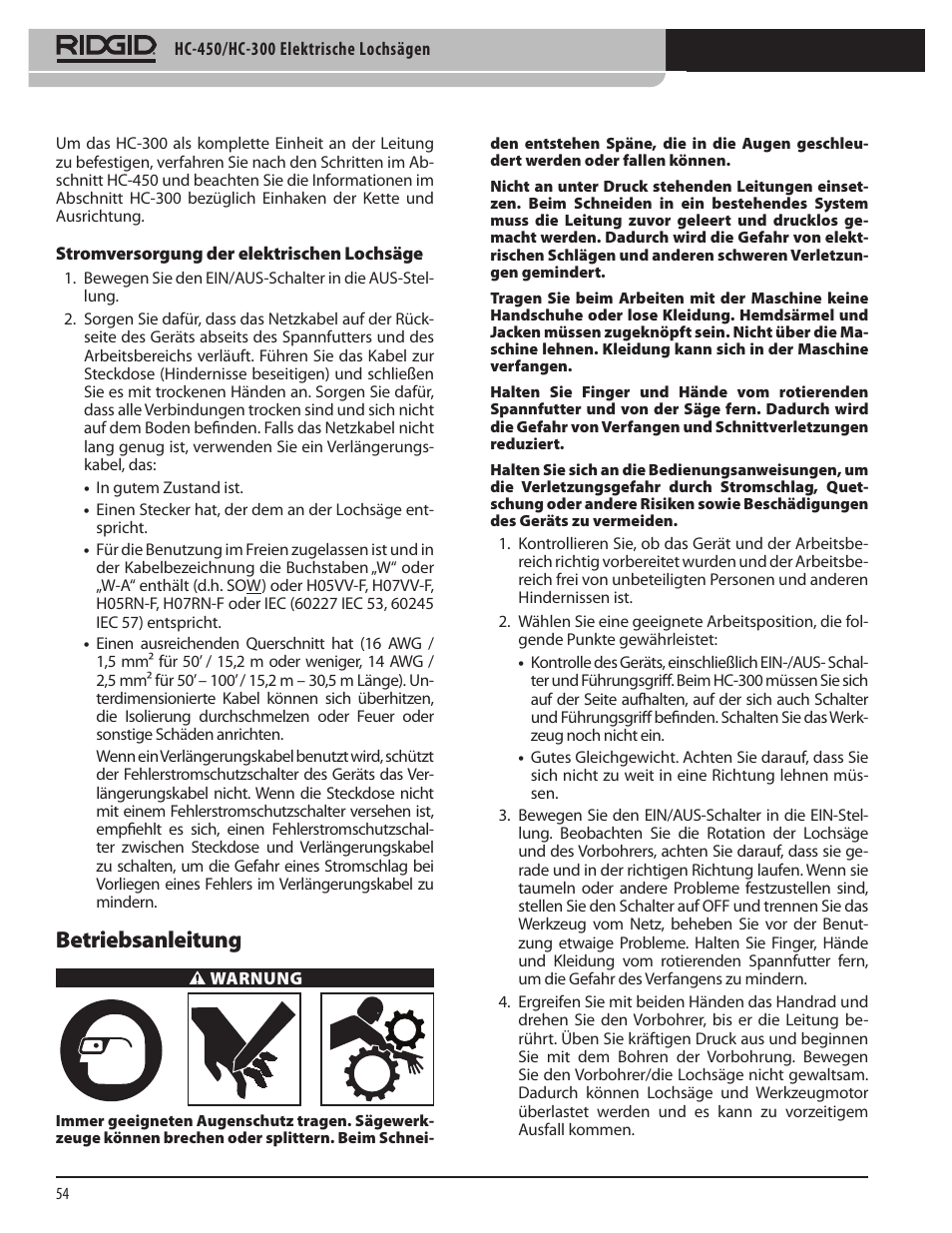 Betriebsanleitung | RIDGID HC-300 User Manual | Page 56 / 320