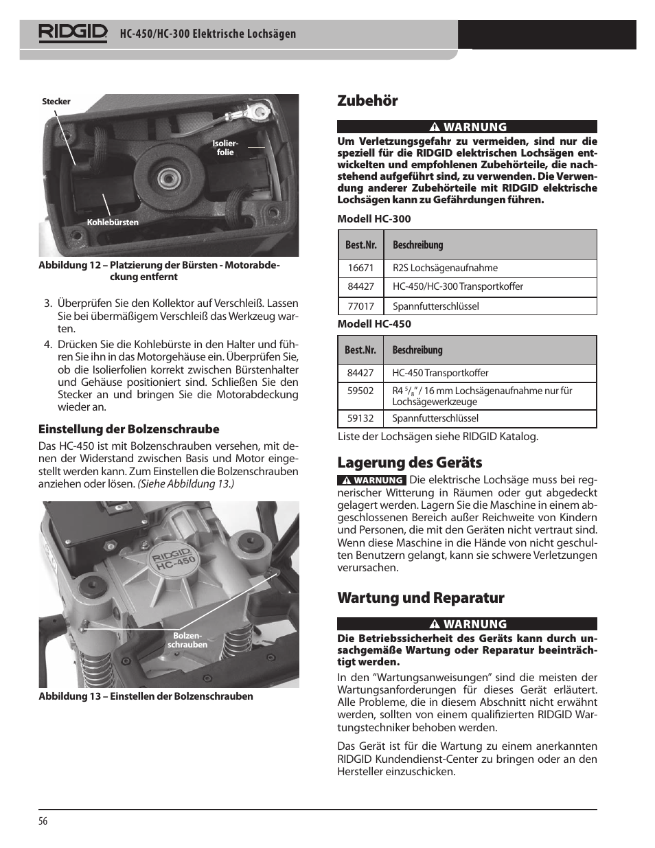 Zubehör, Lagerung des geräts, Wartung und reparatur | RIDGID HC-300 User Manual | Page 58 / 320