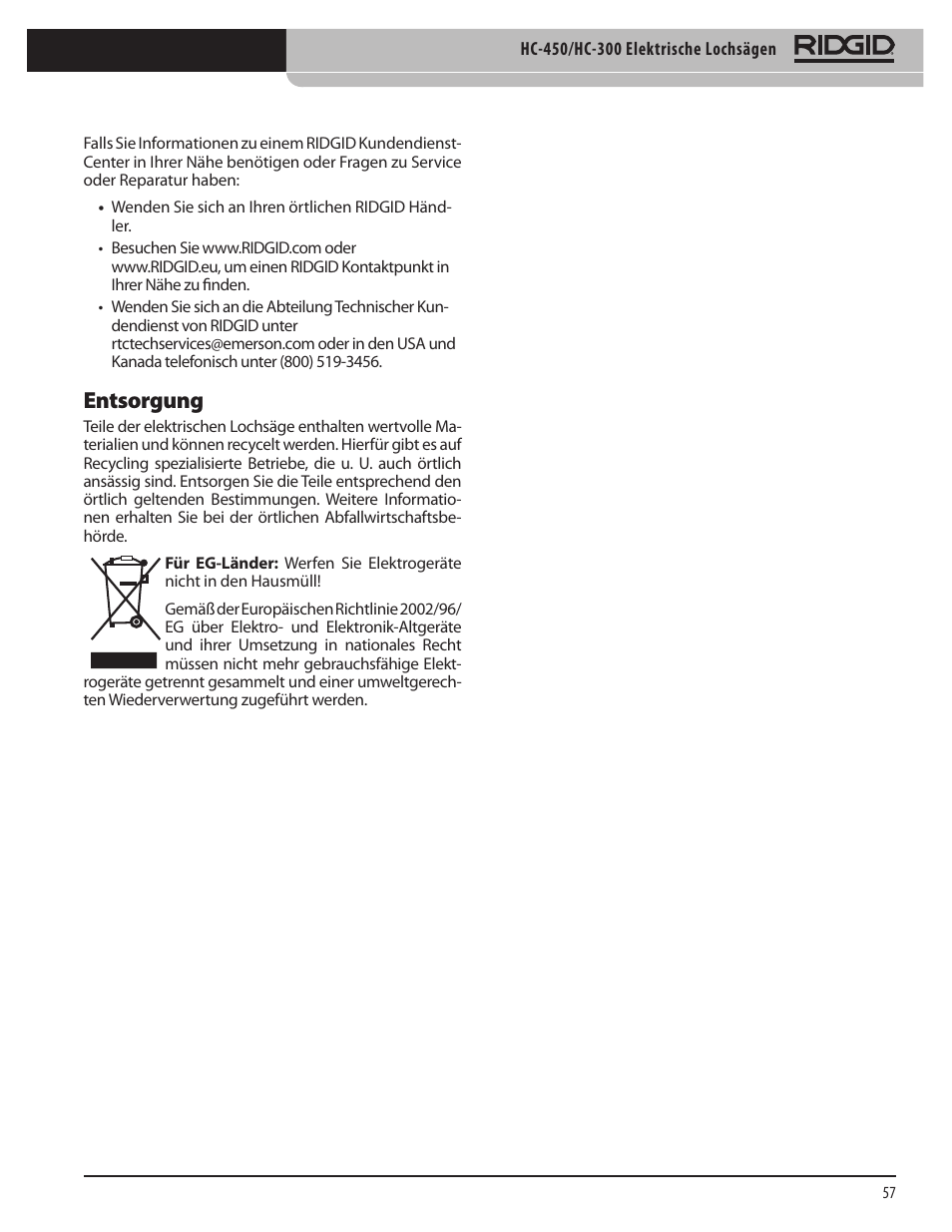 Entsorgung | RIDGID HC-300 User Manual | Page 59 / 320