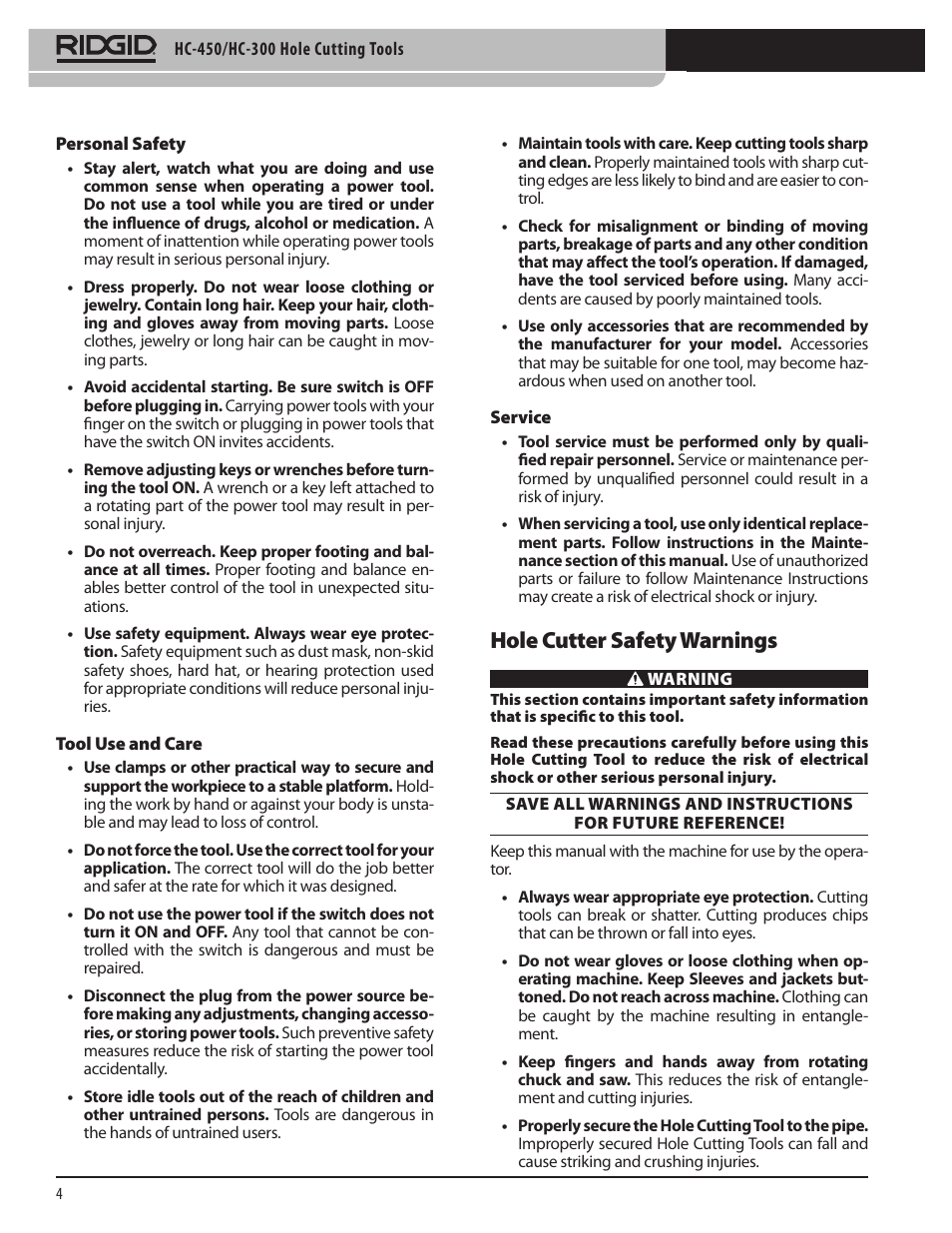 Hole cutter safety warnings | RIDGID HC-300 User Manual | Page 6 / 320