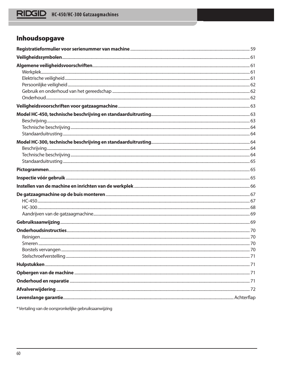 Inhoudsopgave | RIDGID HC-300 User Manual | Page 62 / 320