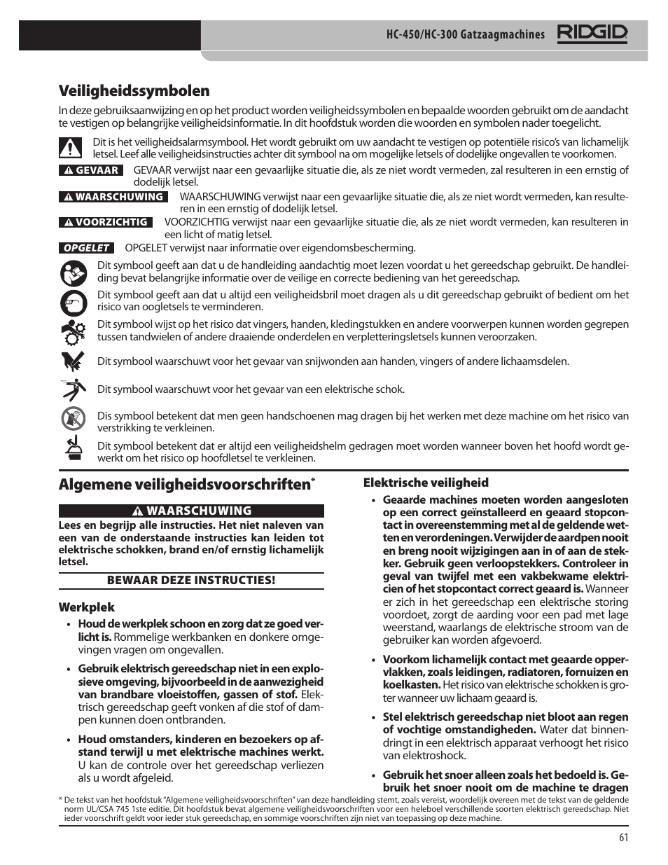 Veiligheidssymbolen, Algemene veiligheidsvoorschriften | RIDGID HC-300 User Manual | Page 63 / 320