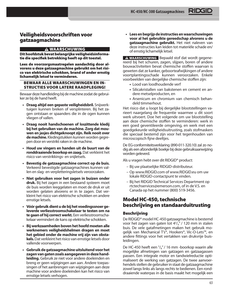 Veiligheidsvoorschriften voor gatzaagmachine | RIDGID HC-300 User Manual | Page 65 / 320