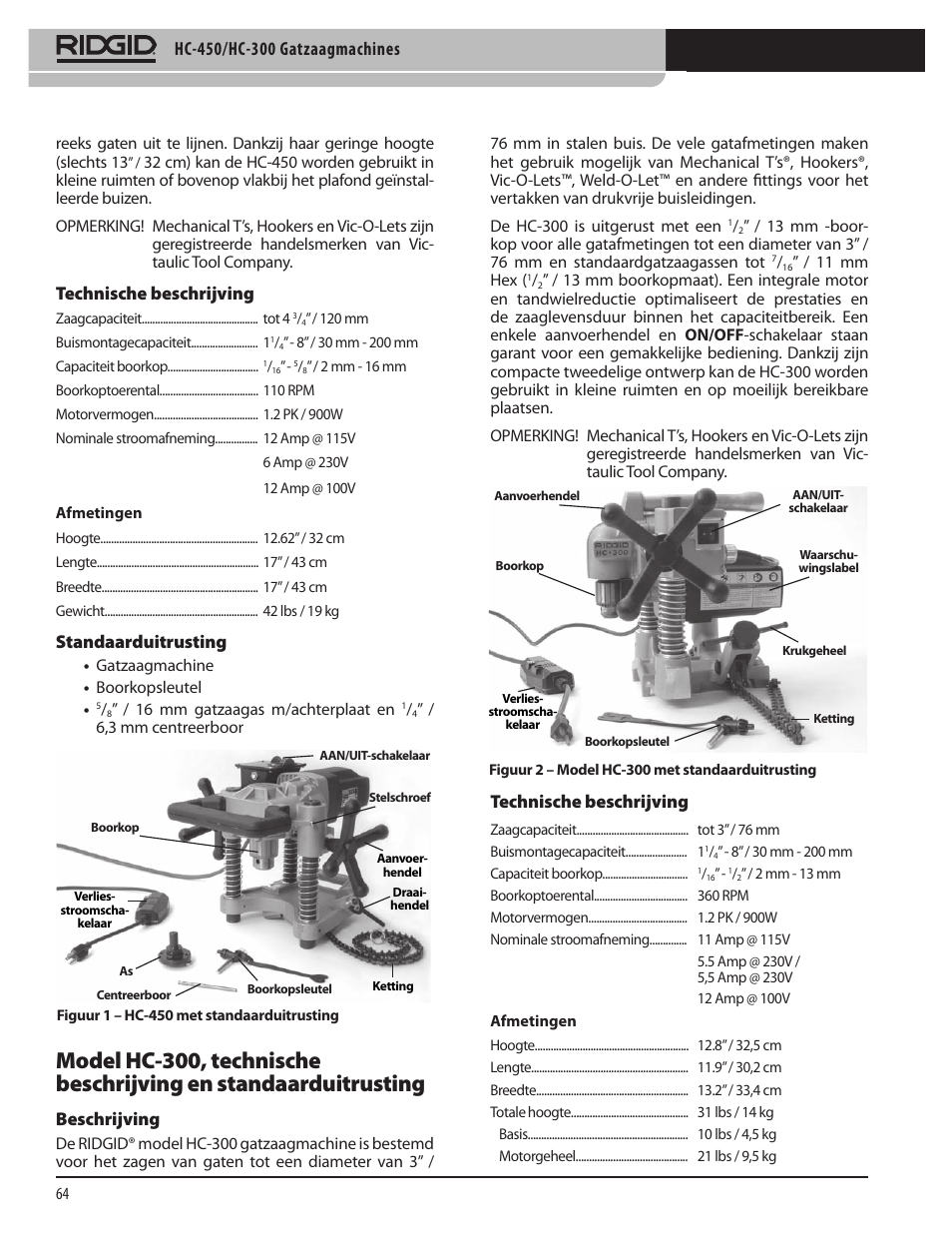 Technische beschrijving, Standaarduitrusting, Beschrijving | RIDGID HC-300 User Manual | Page 66 / 320