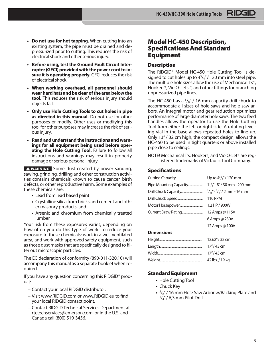 RIDGID HC-300 User Manual | Page 7 / 320