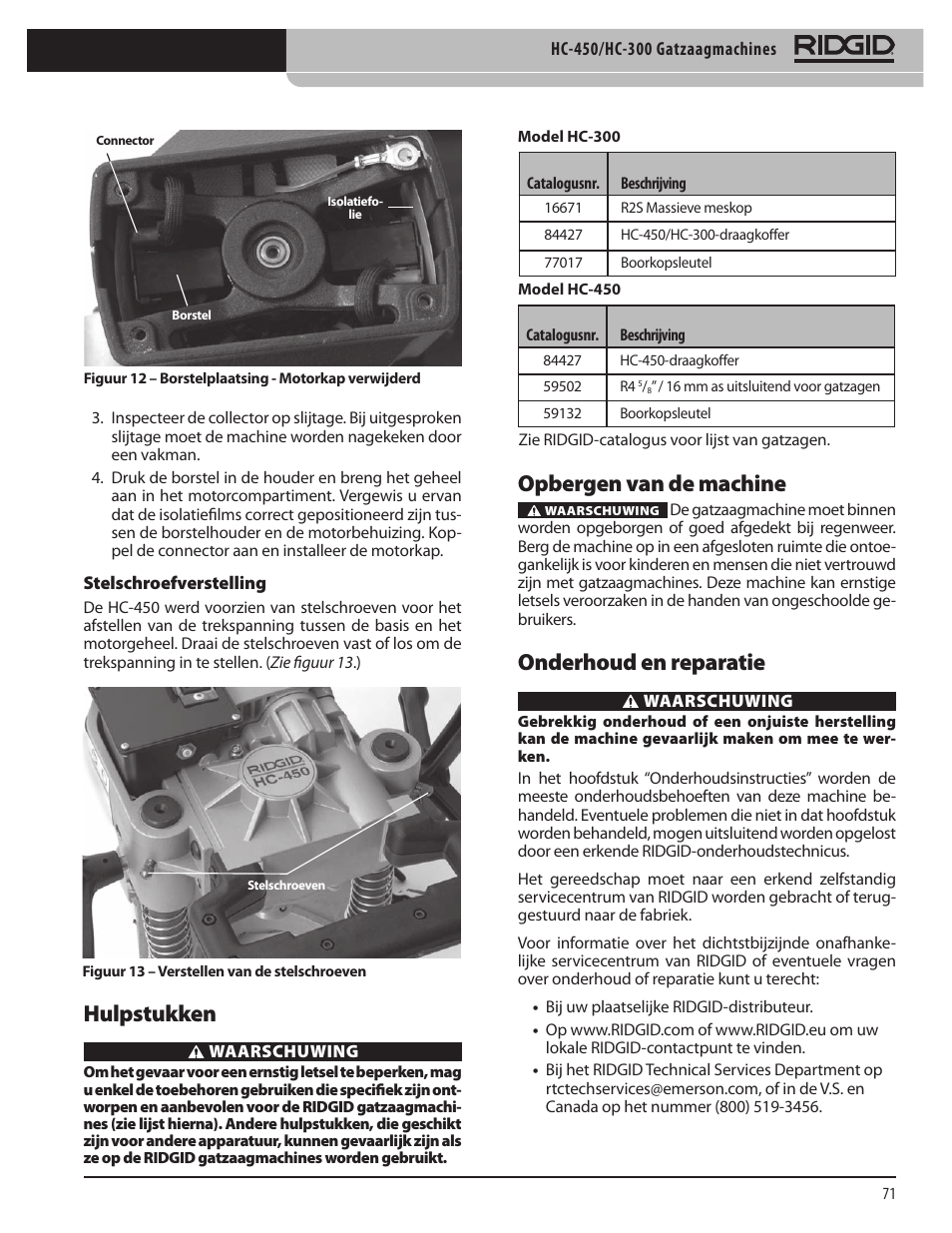 Hulpstukken, Opbergen van de machine, Onderhoud en reparatie | RIDGID HC-300 User Manual | Page 73 / 320
