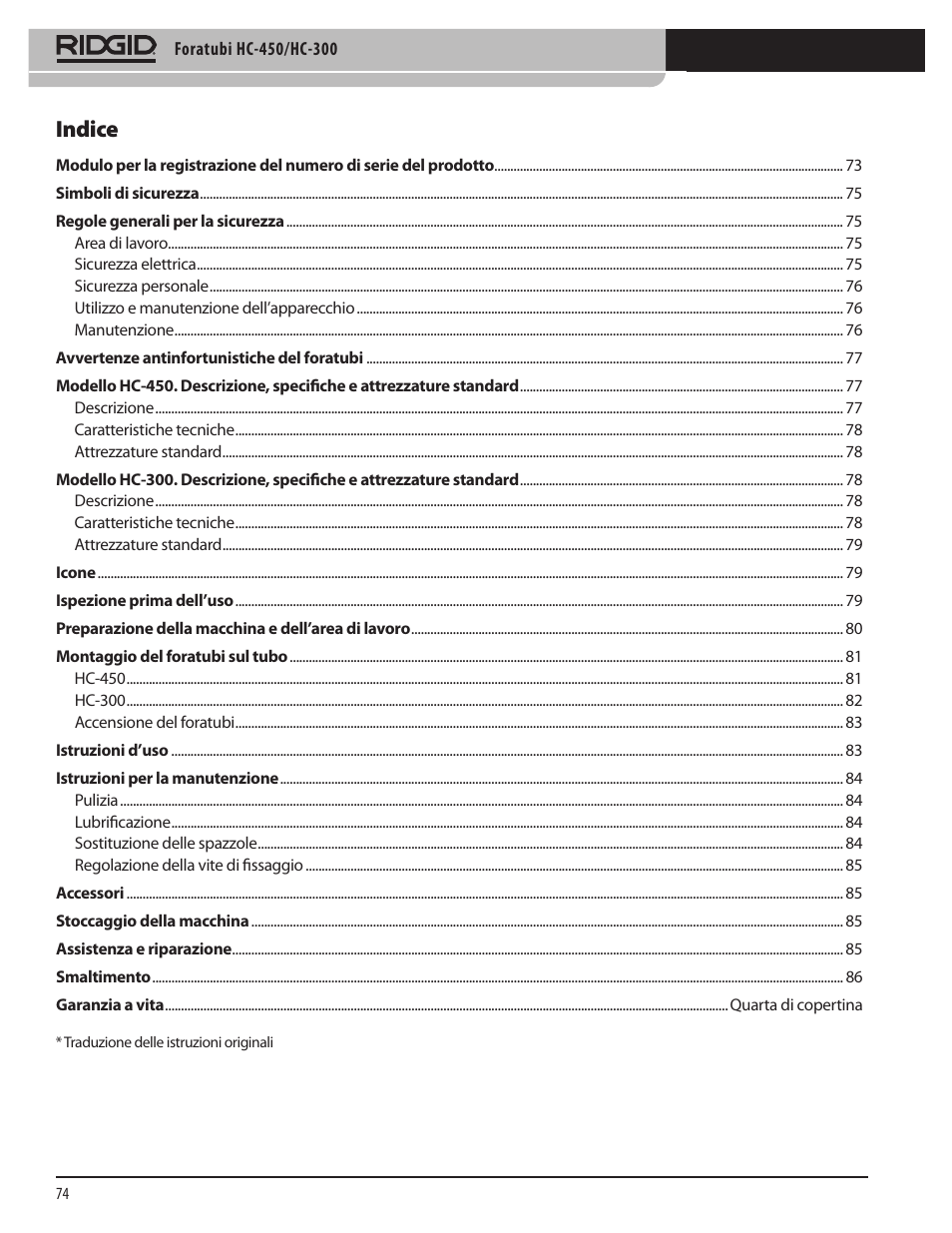 Indice | RIDGID HC-300 User Manual | Page 76 / 320