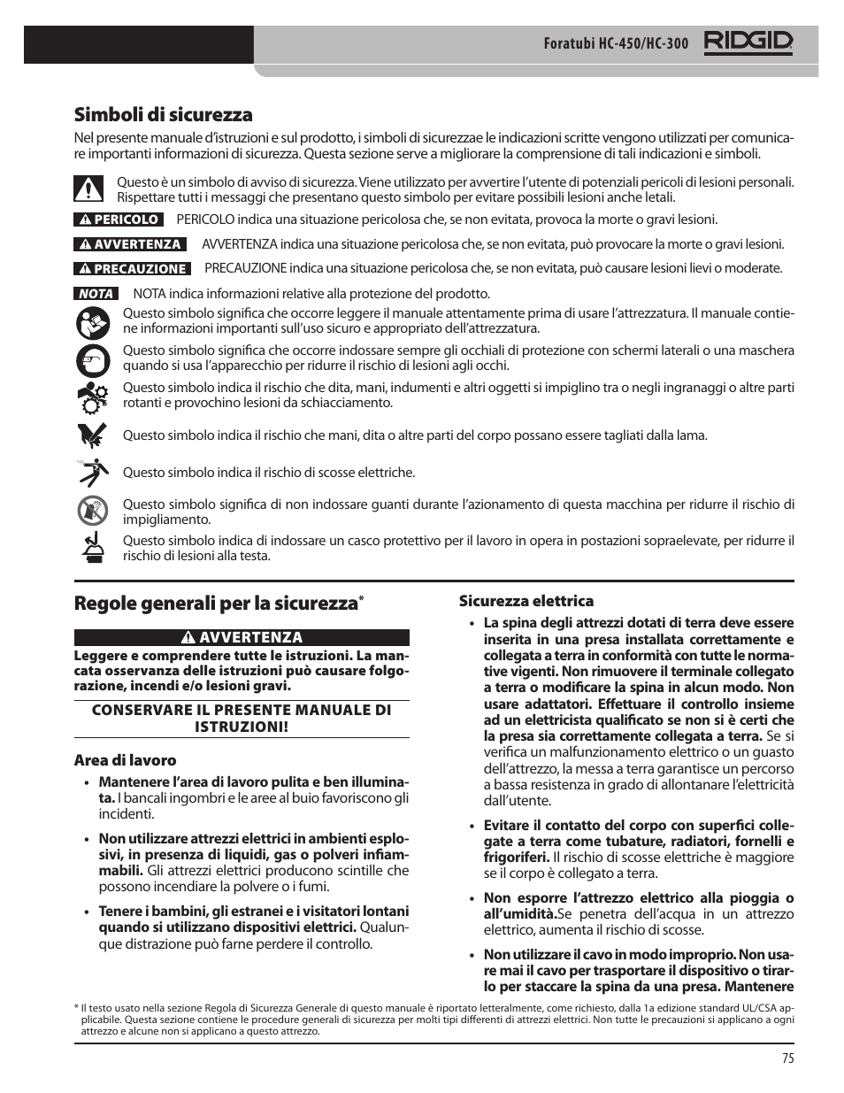Simboli di sicurezza, Regole generali per la sicurezza | RIDGID HC-300 User Manual | Page 77 / 320