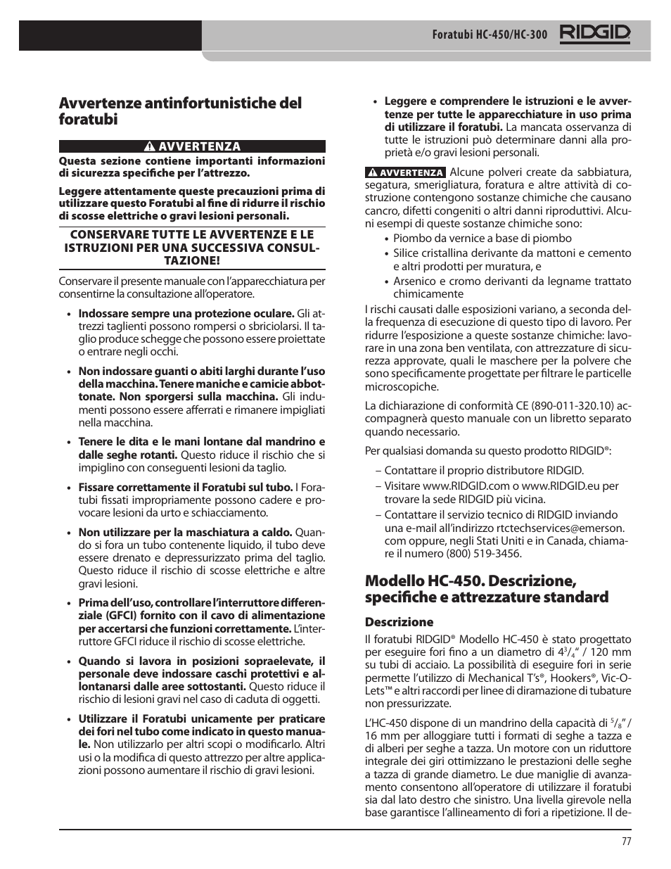 Avvertenze antinfortunistiche del foratubi | RIDGID HC-300 User Manual | Page 79 / 320