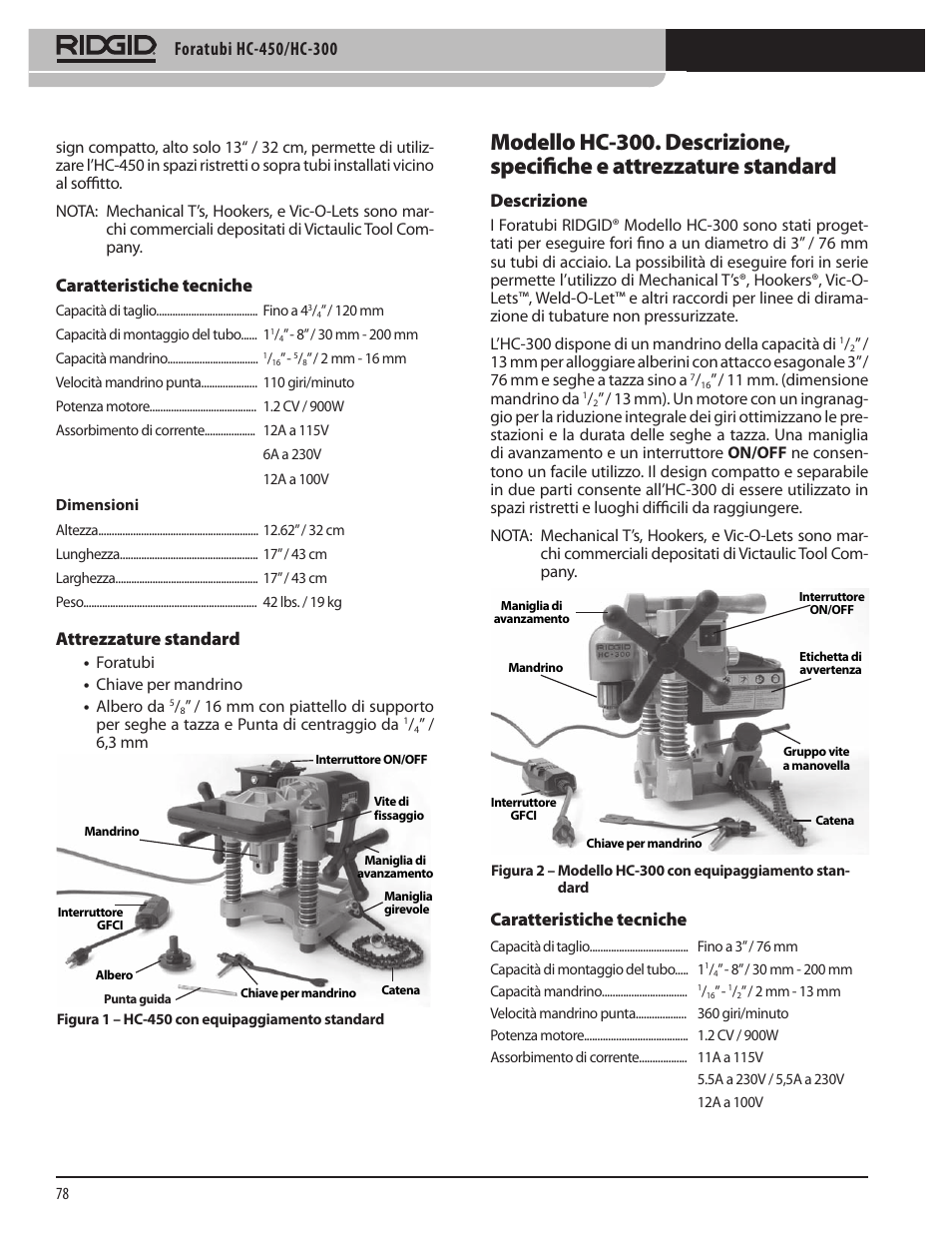 Descrizione, Caratteristiche tecniche, Attrezzature standard | RIDGID HC-300 User Manual | Page 80 / 320