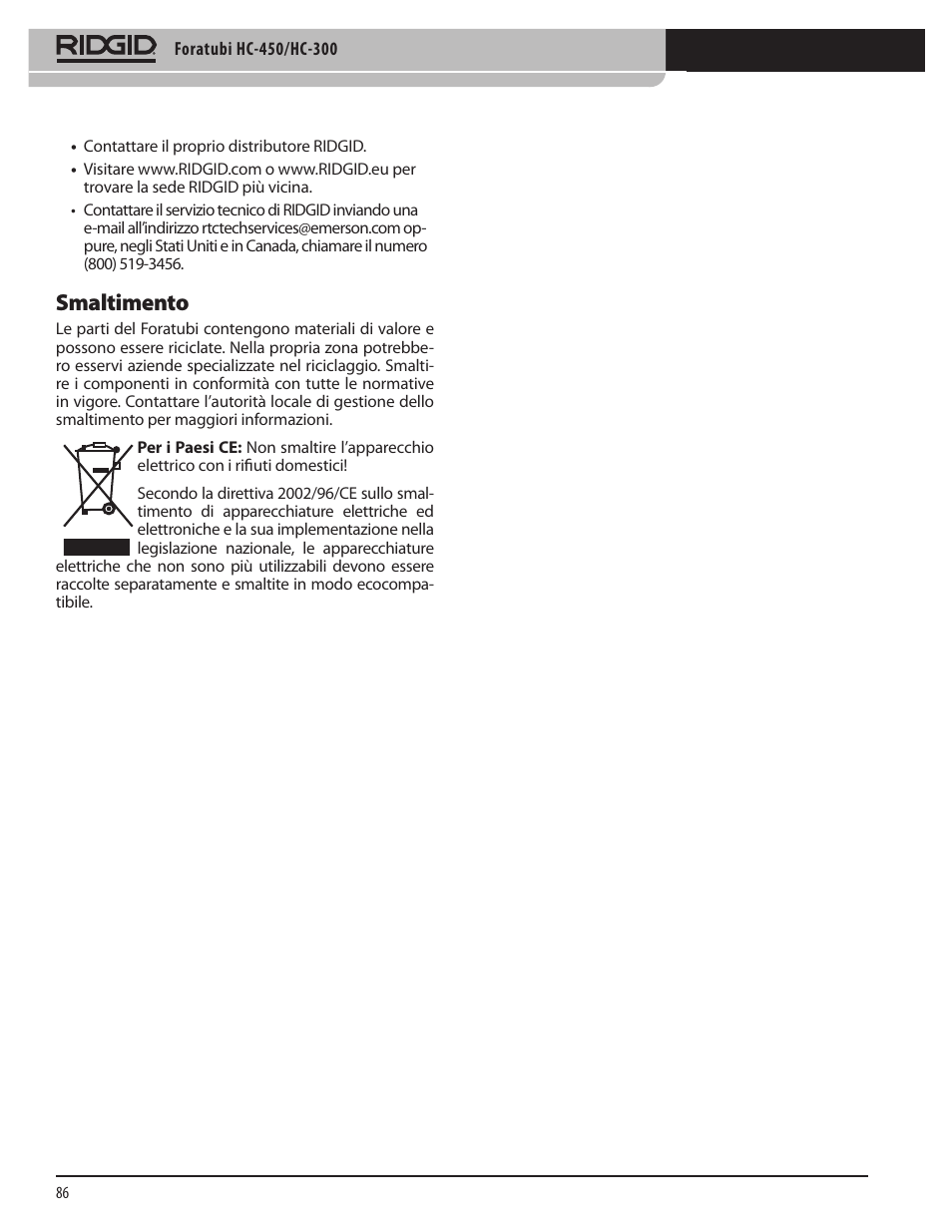 Smaltimento | RIDGID HC-300 User Manual | Page 88 / 320