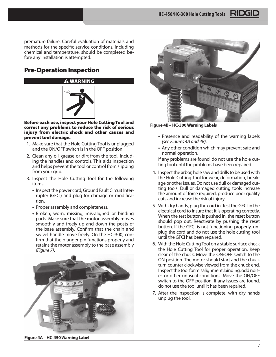 Pre-operation inspection | RIDGID HC-300 User Manual | Page 9 / 320