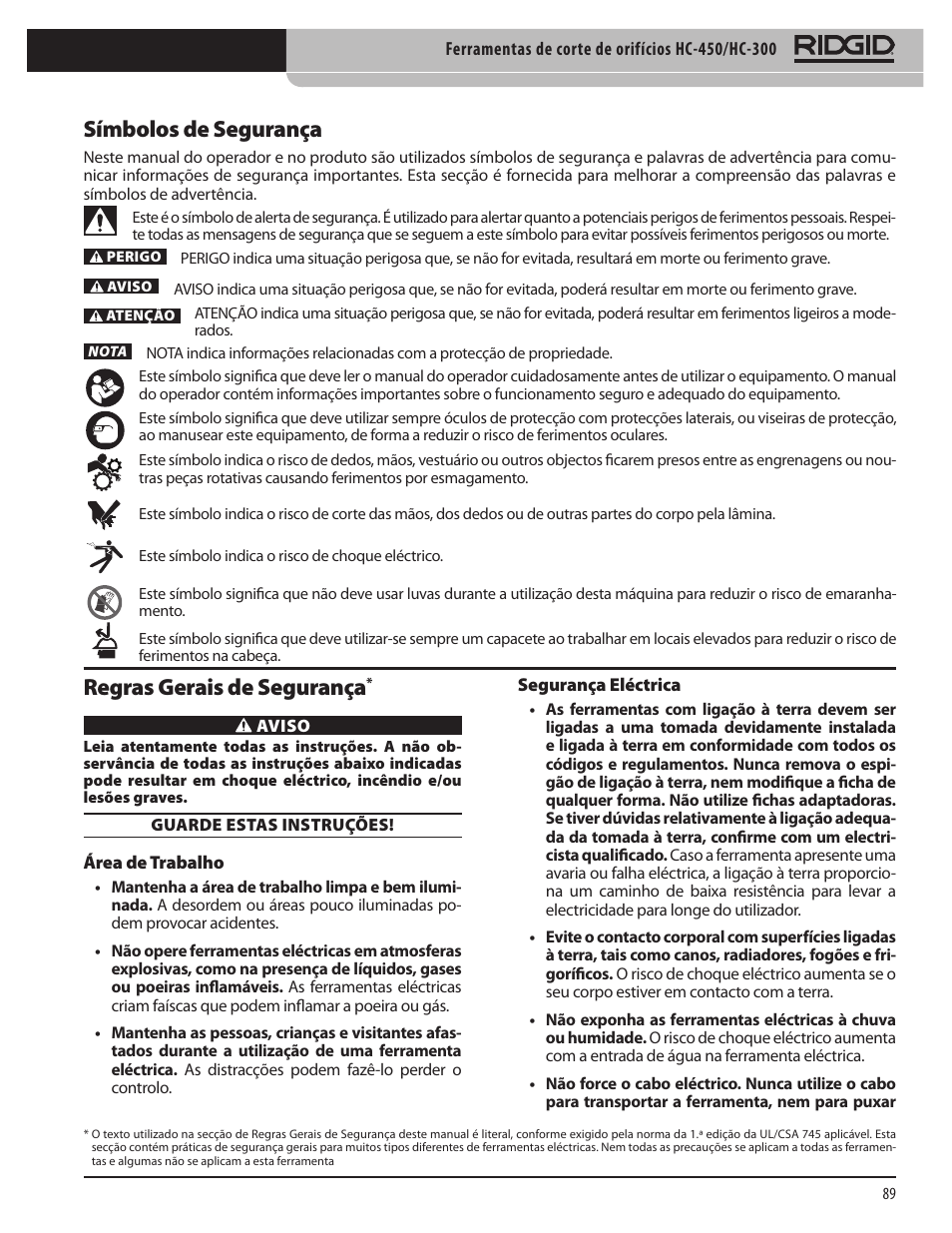 Símbolos de segurança, Regras gerais de segurança | RIDGID HC-300 User Manual | Page 91 / 320