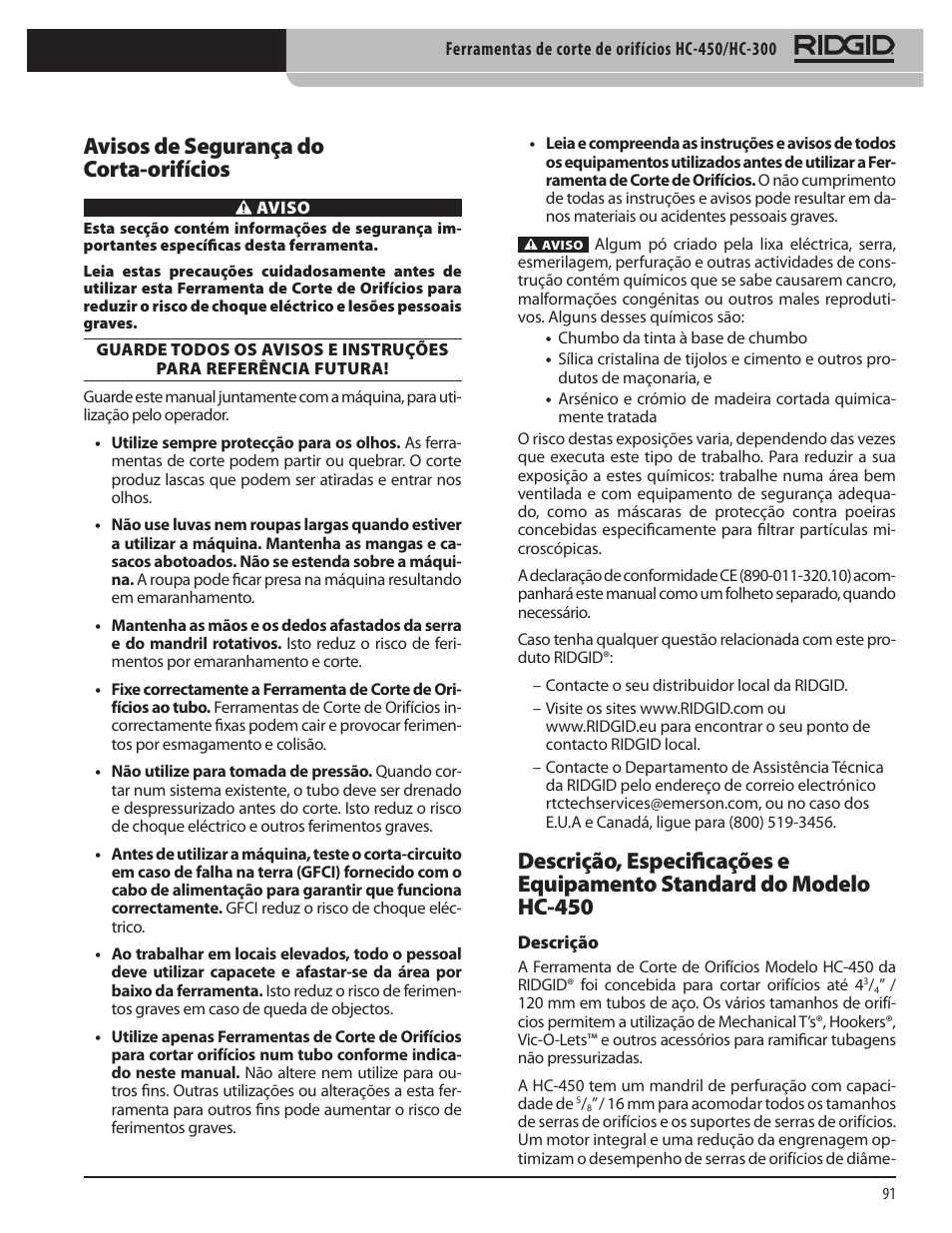 Avisos de segurança do corta‑orifícios | RIDGID HC-300 User Manual | Page 93 / 320