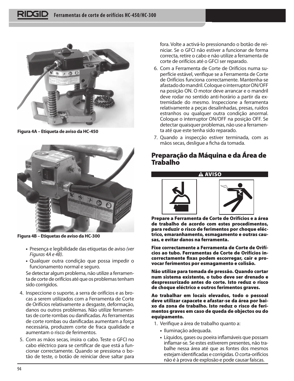 Preparação da máquina e da área de trabalho | RIDGID HC-300 User Manual | Page 96 / 320