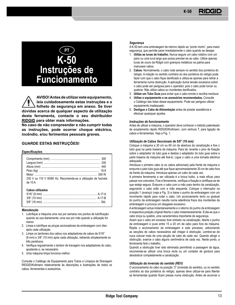 K-50, Instruções de funcionamento | RIDGID K-50 User Manual | Page 14 / 39