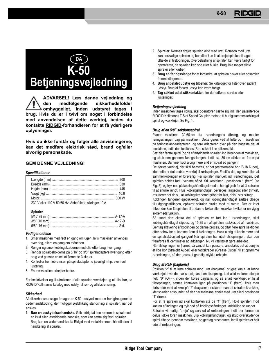 K-50, Betjeningsvejledning | RIDGID K-50 User Manual | Page 18 / 39