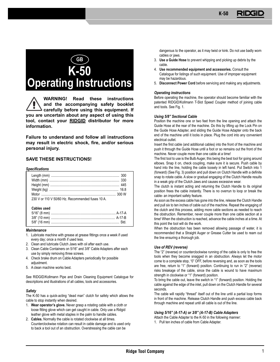 K-50, Operating instructions | RIDGID K-50 User Manual | Page 2 / 39