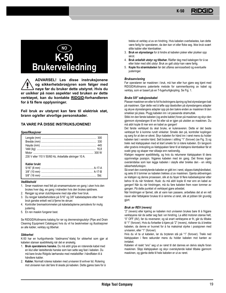 K-50, Brukerveiledning | RIDGID K-50 User Manual | Page 20 / 39