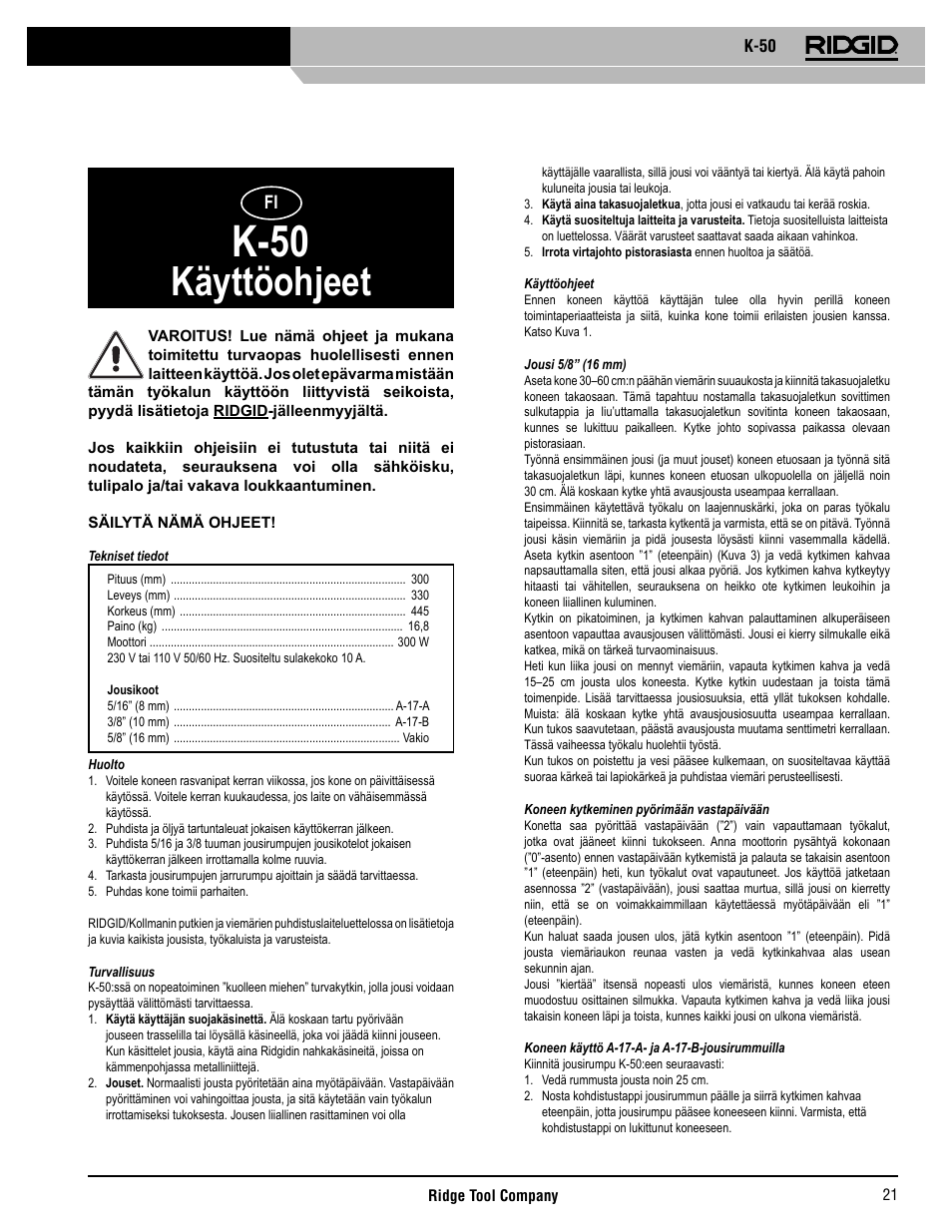 K-50, Käyttöohjeet | RIDGID K-50 User Manual | Page 22 / 39