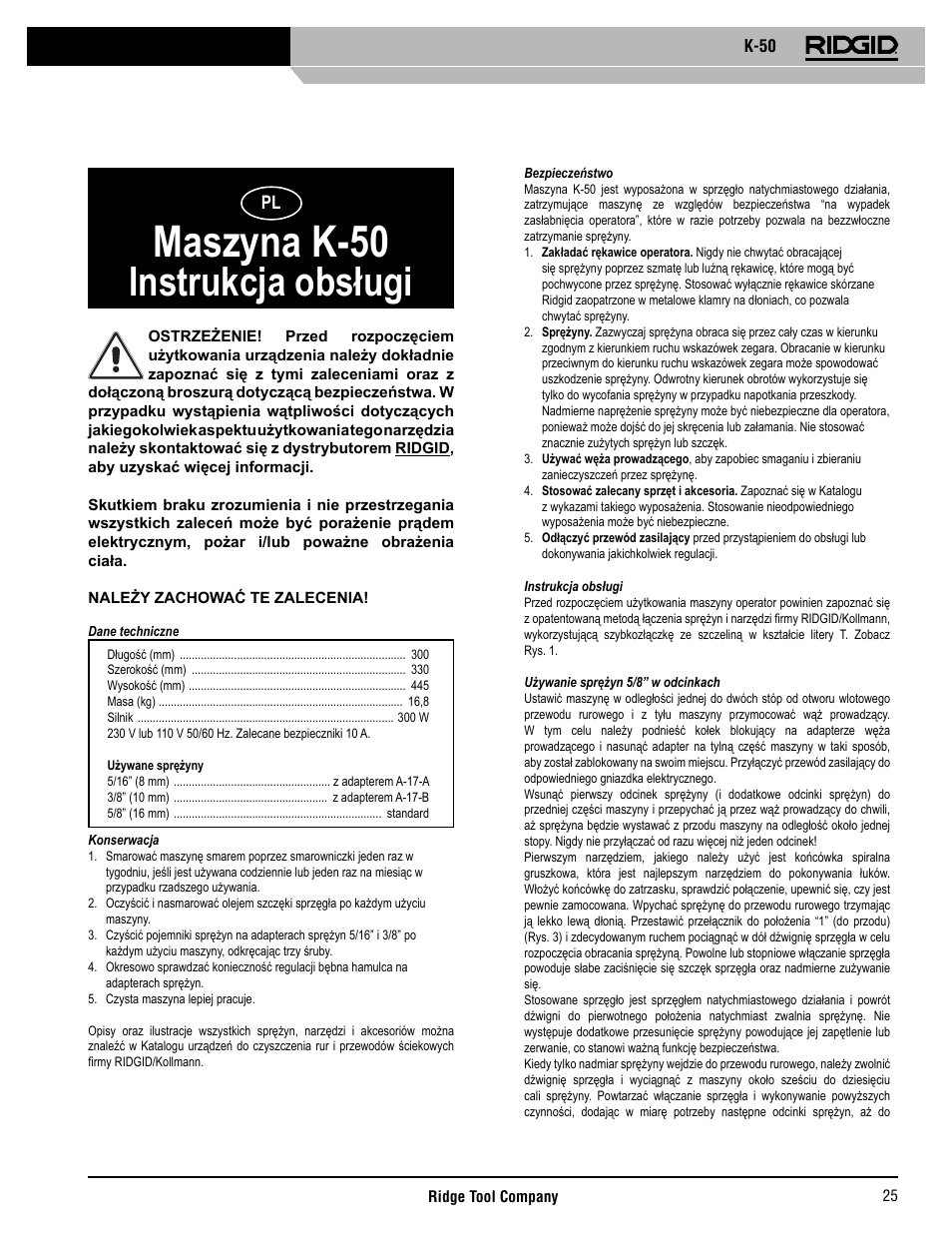 Maszyna k-50, Instrukcja obsługi | RIDGID K-50 User Manual | Page 26 / 39
