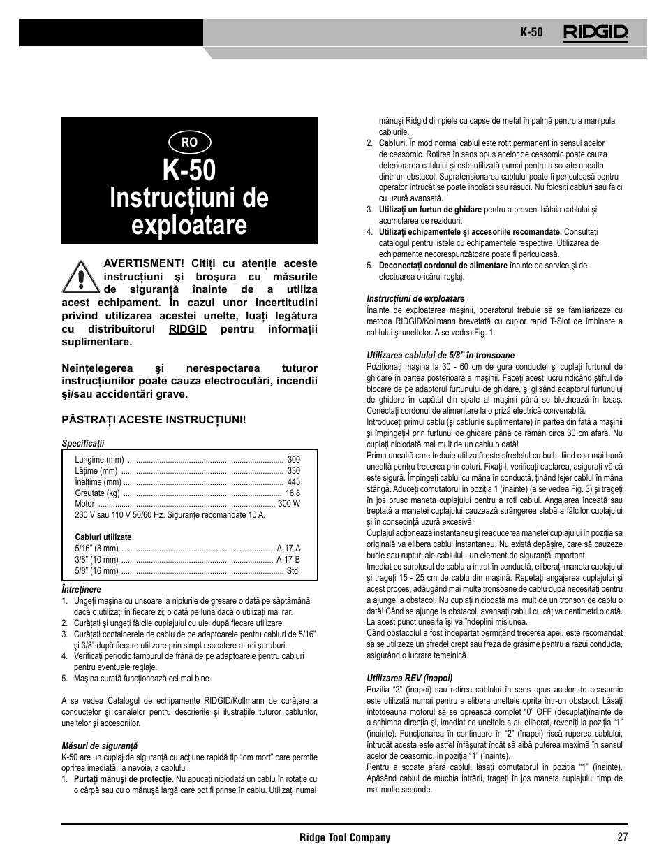 K-50, Instrucţiuni de exploatare | RIDGID K-50 User Manual | Page 28 / 39