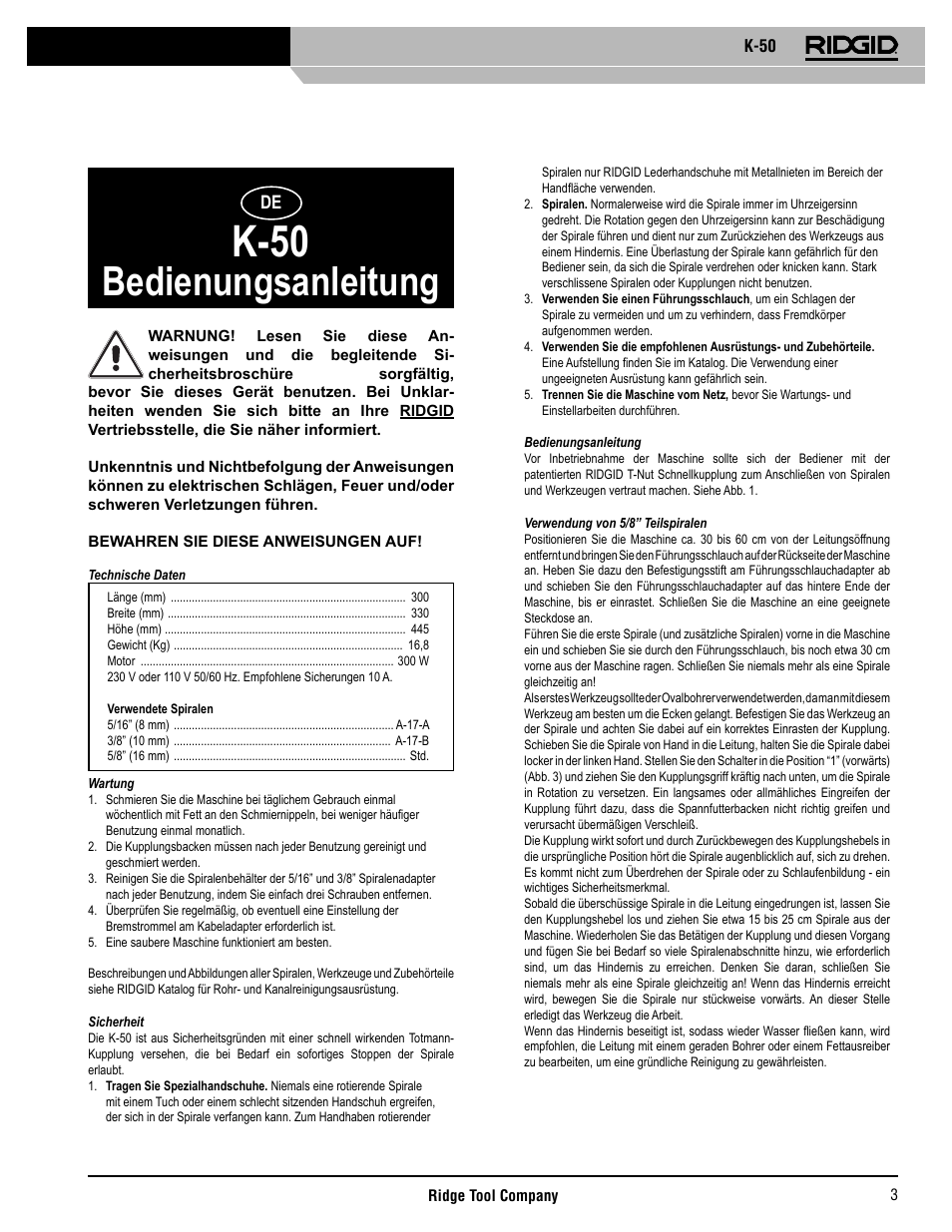 K-50, Bedienungsanleitung | RIDGID K-50 User Manual | Page 4 / 39